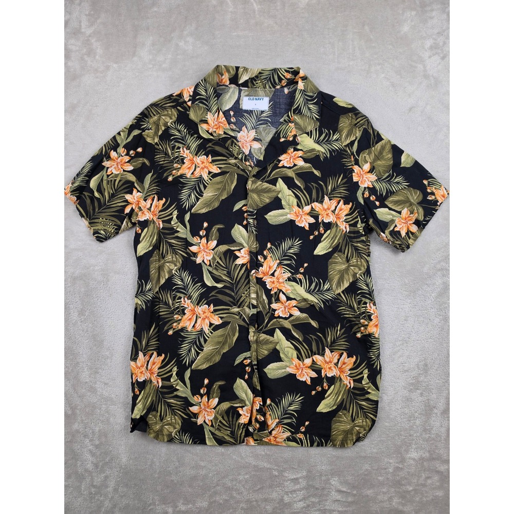 Old Navy Hawaiian Shirt Mens Small Black Floral Tropical Cotton Rayon Button Up